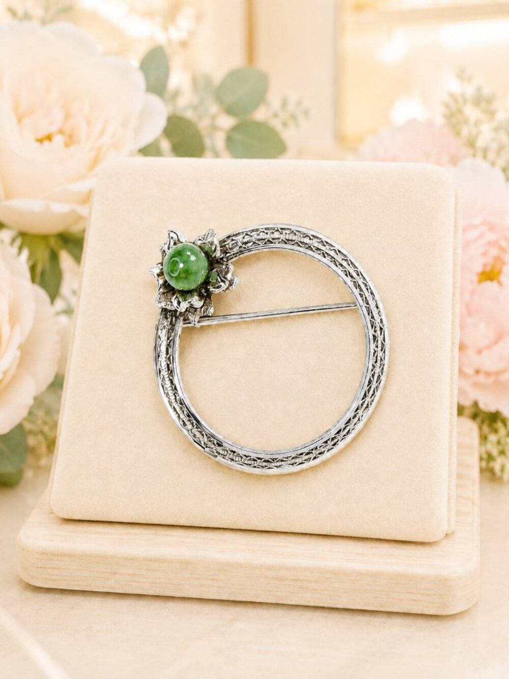 Vintage A&Z Sterling Silver 925 Green Cabochon Circle Brooch